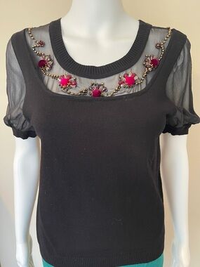 Cynthia Steffe Black Short-Sleeve Top with Pink Gem Floral Yoke